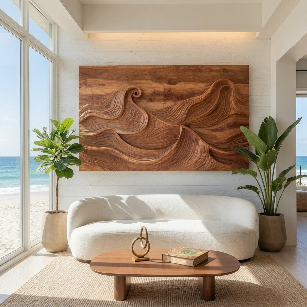 Organisch-moderne Wellen-Wandkunst aus Massivholz