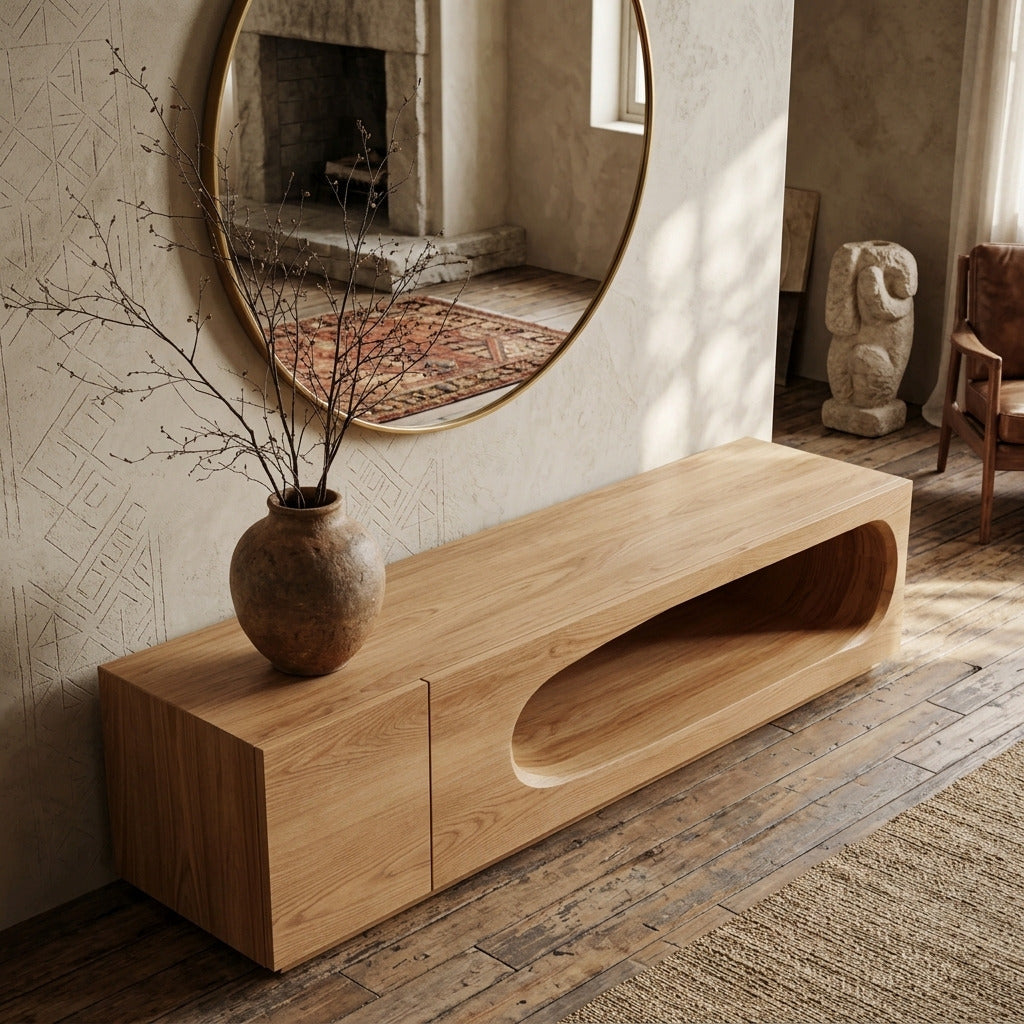 Moderner Holz-Konsolentisch in einem minimalistischen Wohnzimmer