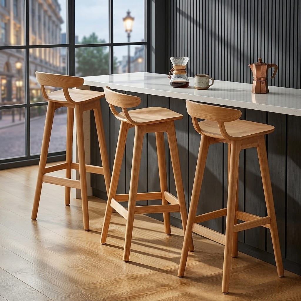 Organische Barhocker aus Massivholz mit geschwungener ergonomischer Rückenlehne