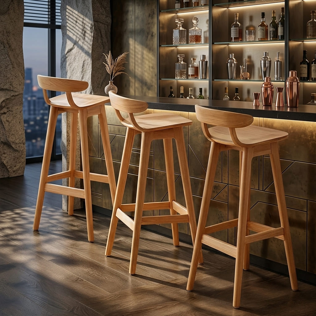 Organische Barhocker aus Massivholz mit geschwungener ergonomischer Rückenlehne