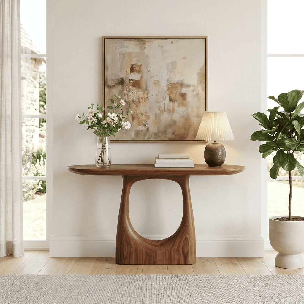 Minimalistischer Flurtisch aus Massivholz, präsentiert in einem eleganten Foyer