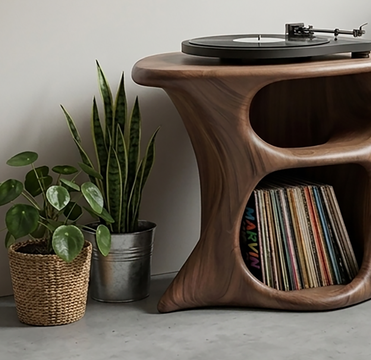 Plattenspielerständer aus Holz im geschwungenen organischen Design