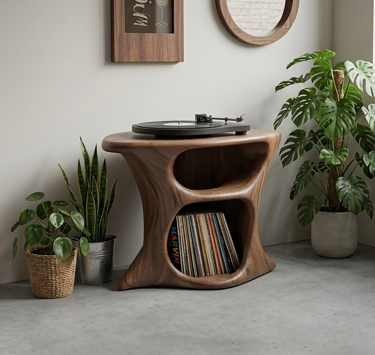 Skulpturaler Plattenspielertisch aus Massivholz mit integriertem Vinyl-Albumstauraum