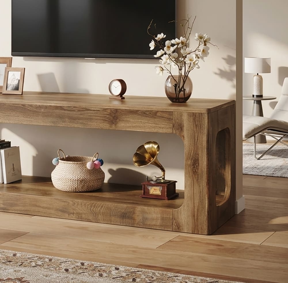 TV-Lowboard aus Massivholz mit künstlerischen Ausschnitt-Details für zeitgenössische Wohnzimmer