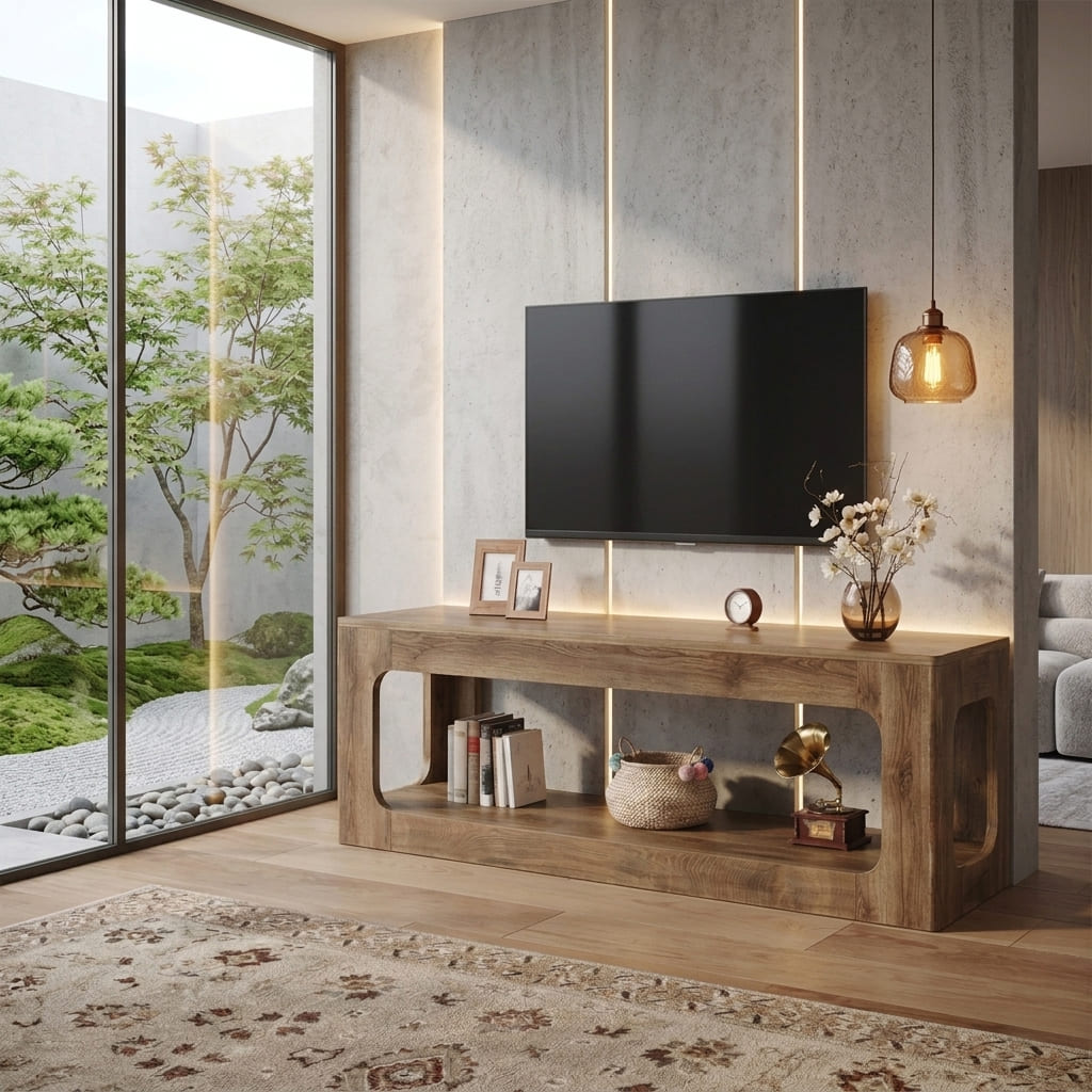 Organische TV-Konsole aus Massivholz, gestylt in einem modernen Wohnzimmer