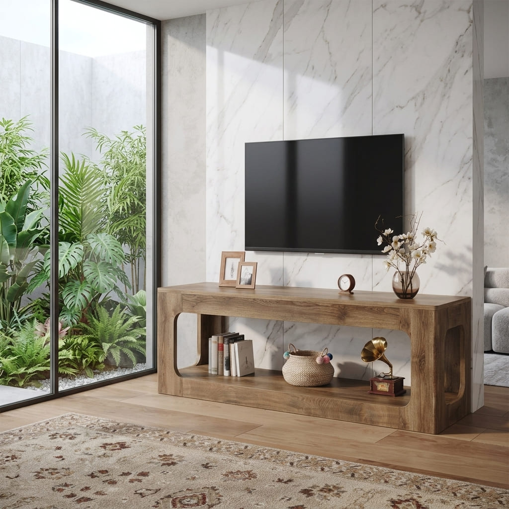 TV-Lowboard aus Massivholz mit künstlerischen Ausschnitt-Details für zeitgenössische Wohnzimmer