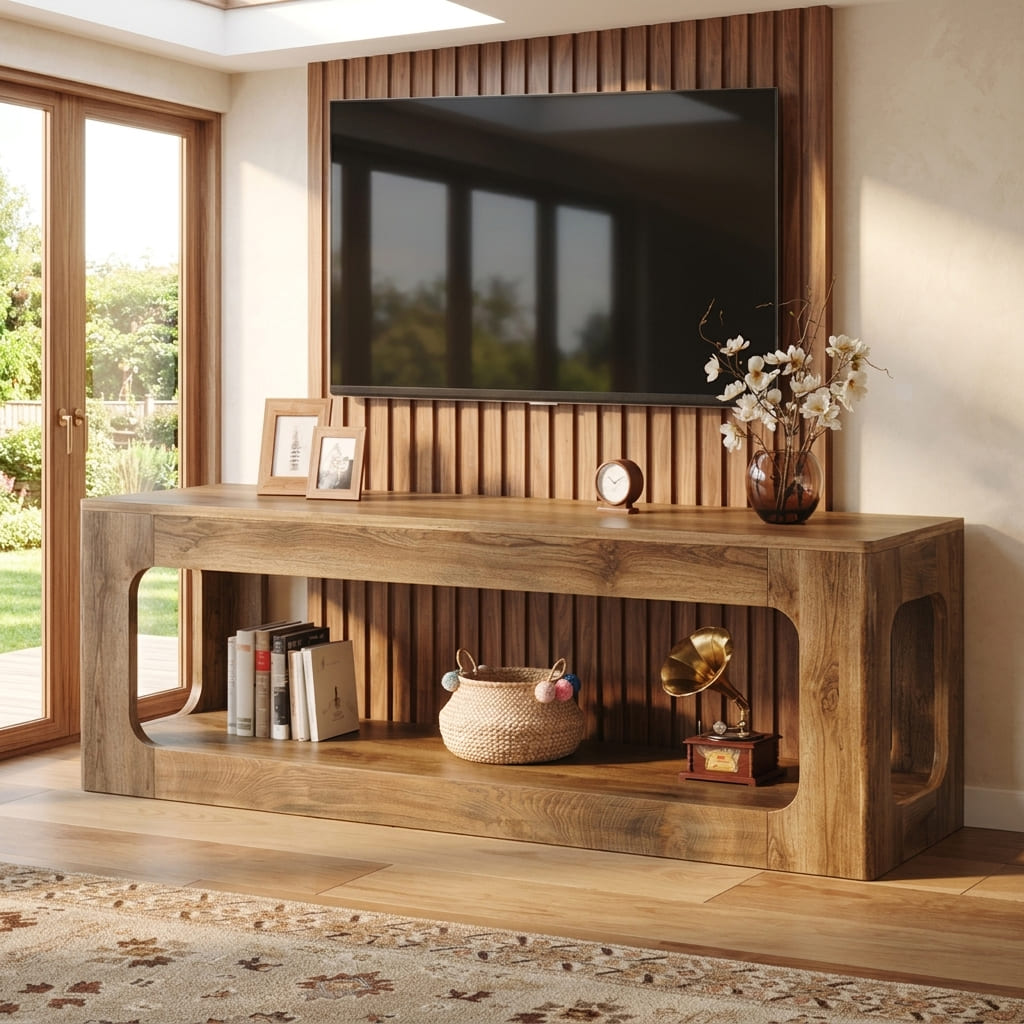 Moderne Holz-TV-Konsole, gestylt unter einem wandmontierten Fernseher