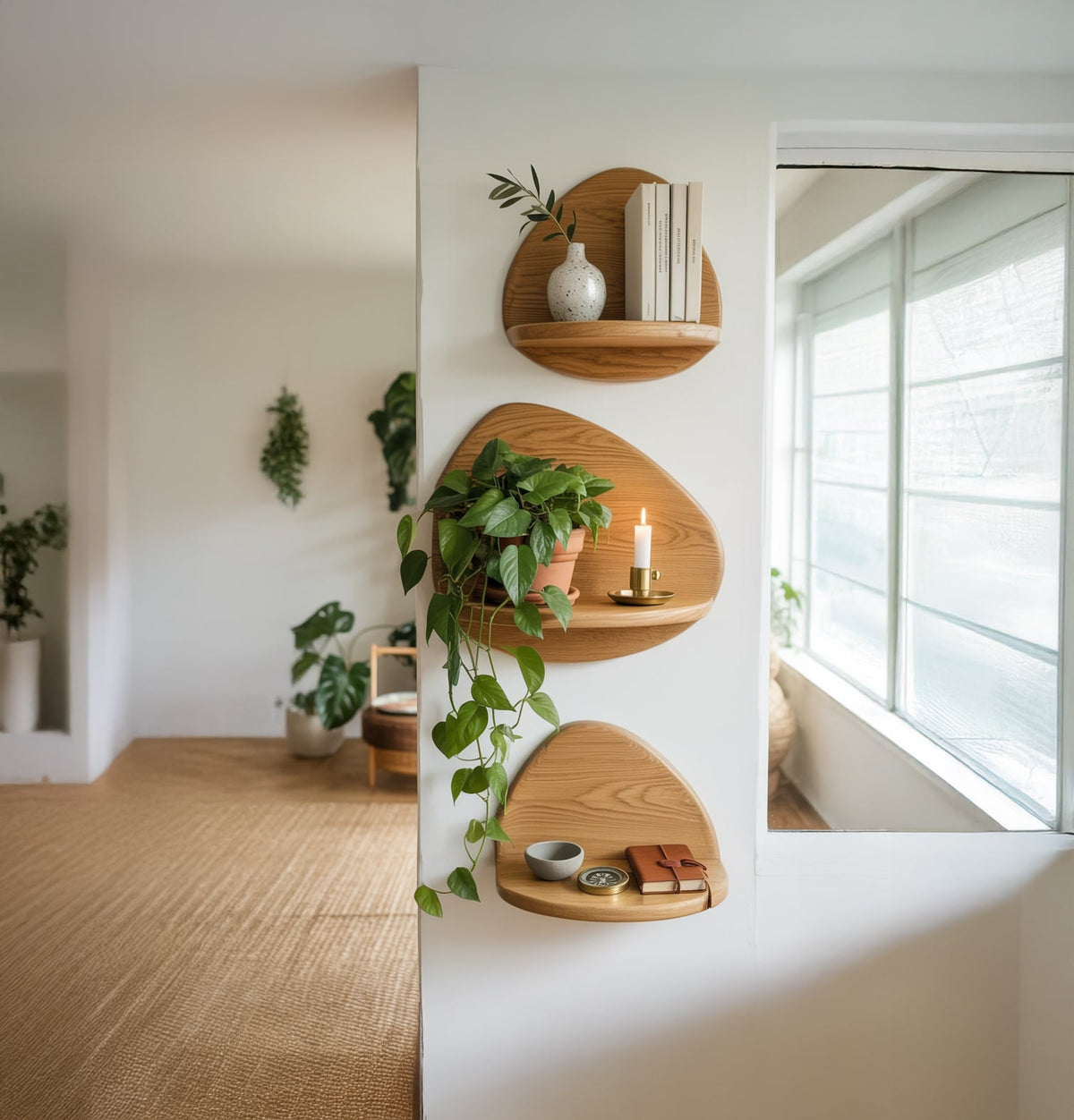 Organisches Wandregal-Set aus Massivholz im skulpturalen Schwebedesign