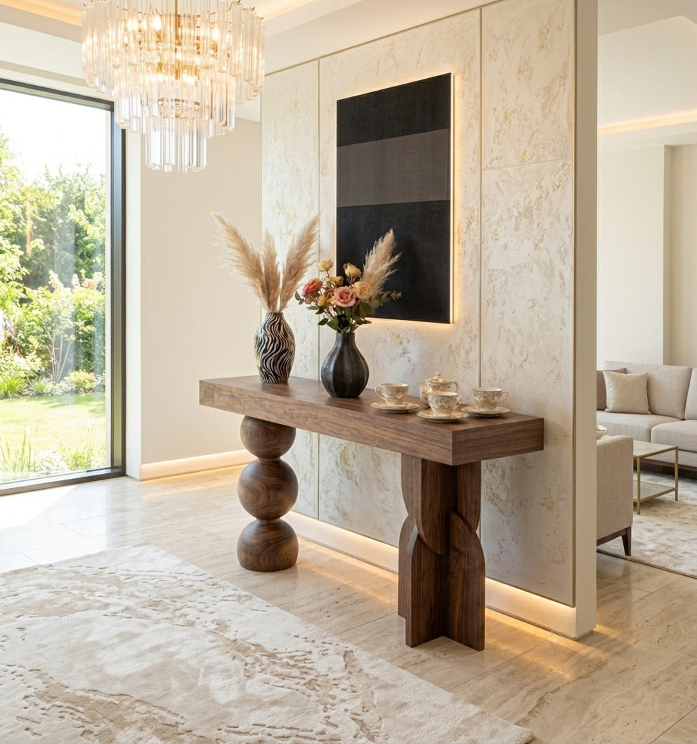 Moderner Konsolentisch aus Massivholz in einem minimalistischen Wohnzimmer