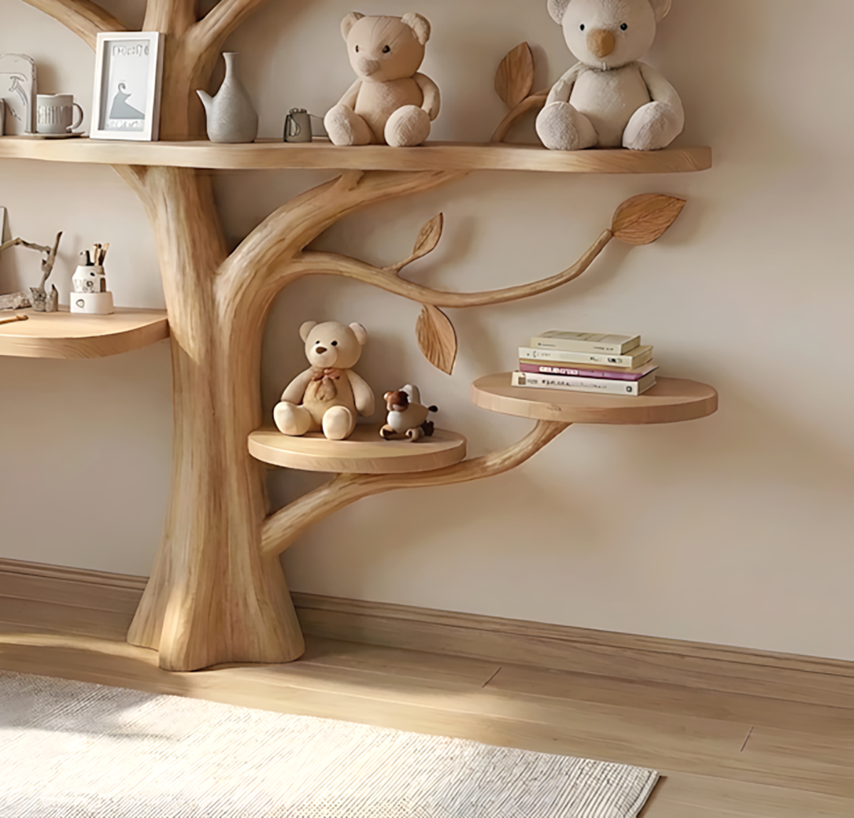 Baum-Wandregal aus Holz für Bücher und Spielzeug im Babyzimmer