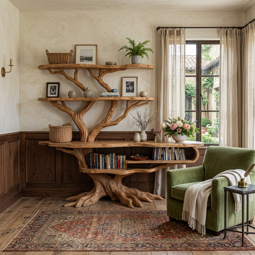 Organisches Baumwurzel-Bücherregal aus Massivholz in einem modernen Wohnzimmer