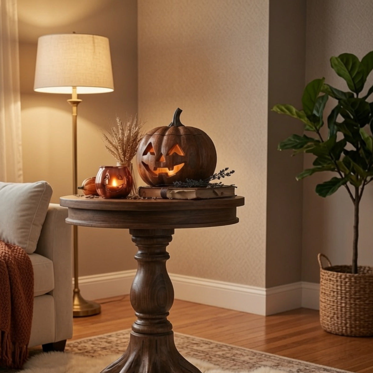 Handwerklicher organischer Holz-Beistelltisch als Halloween-Dekor