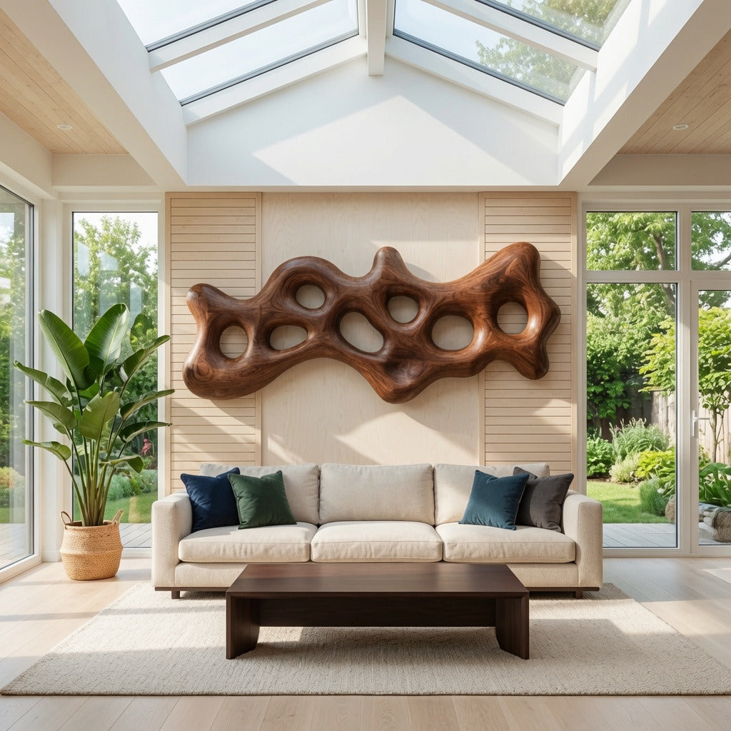 Organische geschnitzte Wandkunst-Skulptur aus Massivholz in einem modernen Wohnzimmer