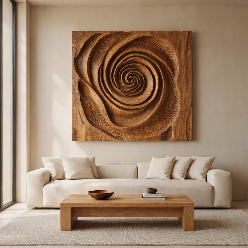 Organische Wandskulptur mit Spiraldesign fürs Wohnzimmer