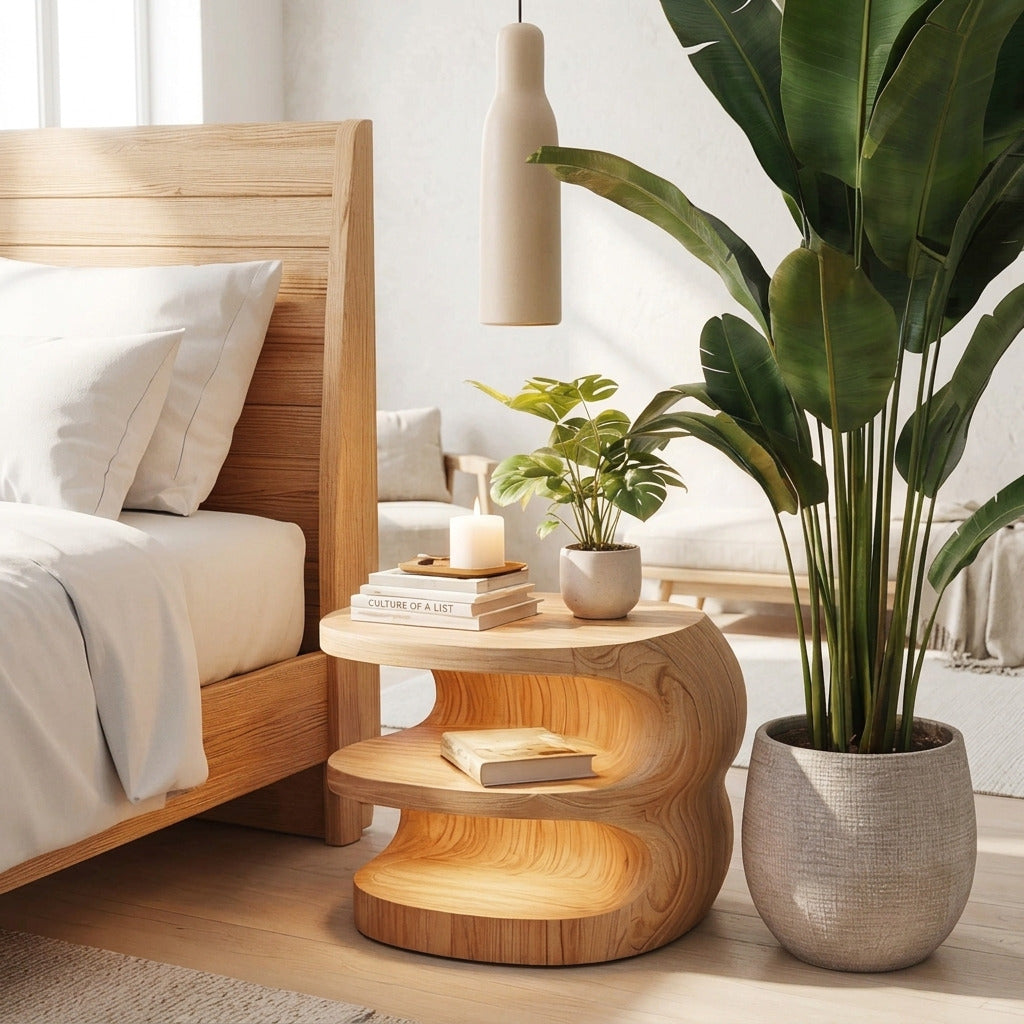 Organischer Wellen-Nachttisch aus Massivholz in einem modernen Schlafzimmer