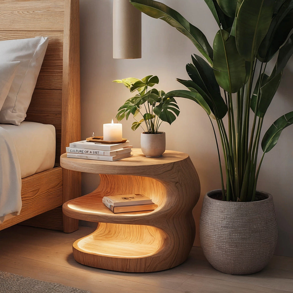 Skulpturaler Nachttisch aus Massivholz in einem Japandi-Schlafzimmer