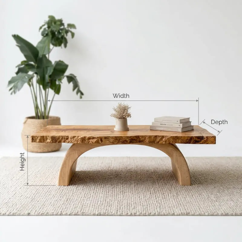 Organischer Baumkanten-Couchtisch aus Massivholz mit skulpturalem Bogenfuß