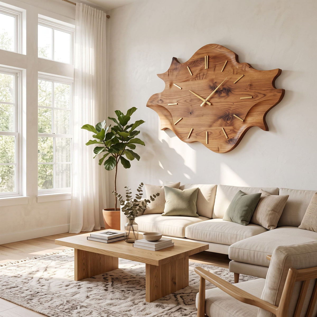 Übergroße fließende Wanduhr aus Massivholz, gestylt an einer Akzentwand in einem modernen Wohnzimmer