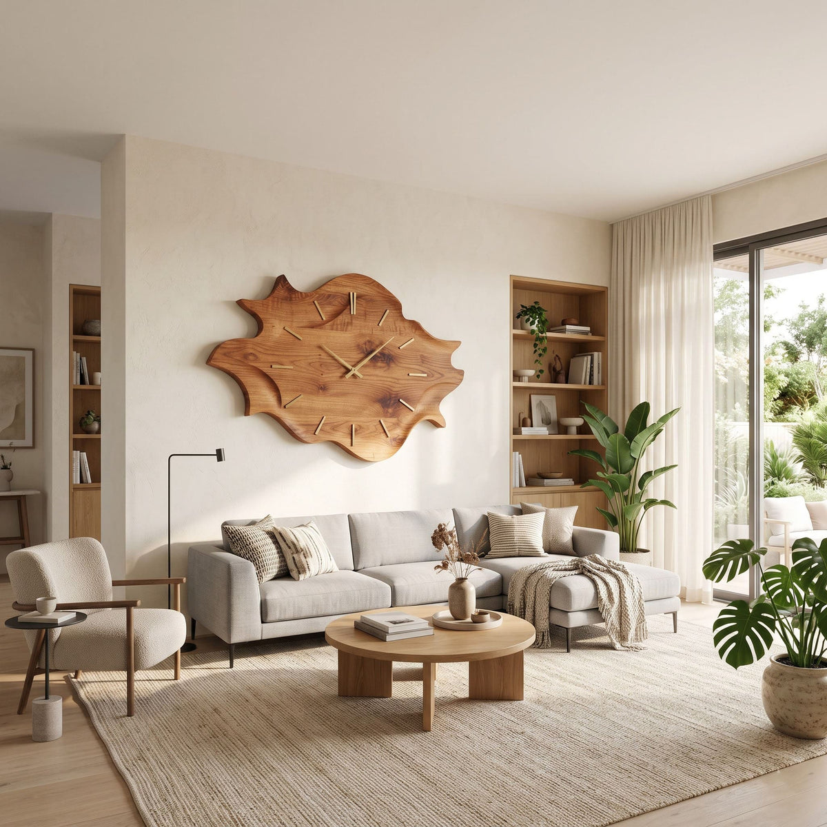 Skulpturaler Mid-Century-Zeitmesser aus Naturholz für ein elegantes Wohnzimmer