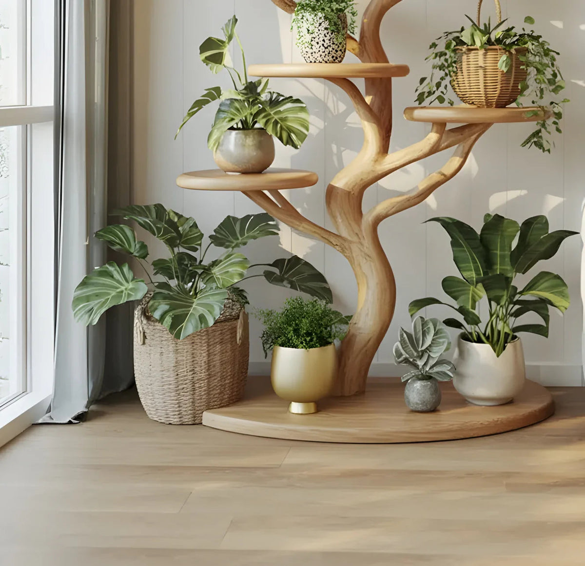 Pflanzenständer aus Naturholz im Baumdesign als Wohnpräsentation