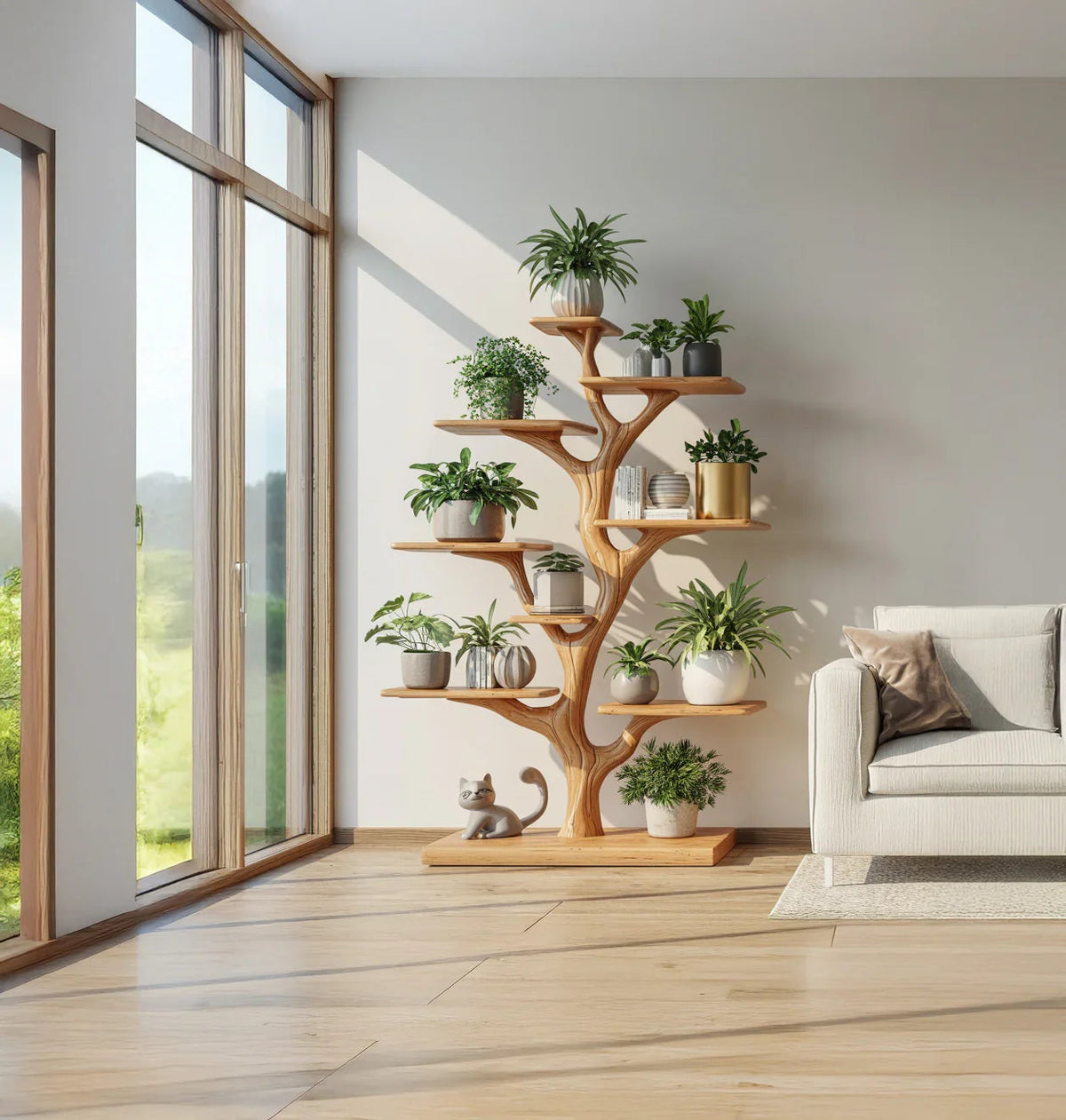 Pflanzenregal aus Naturholz im Baumdesign als Interieurdekor