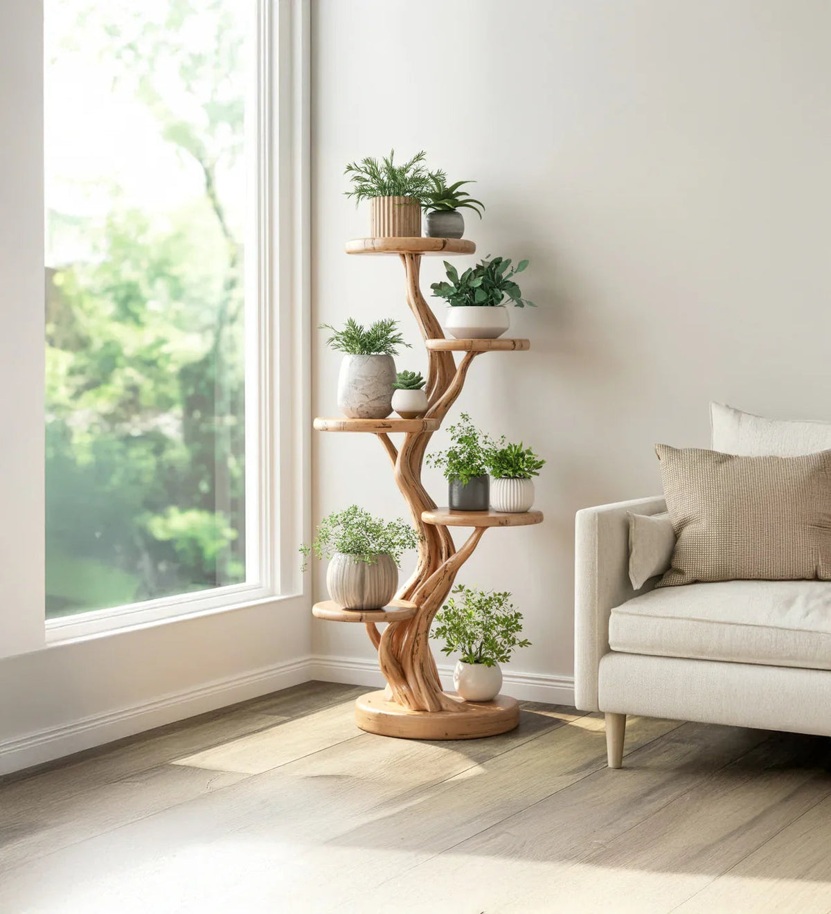 Pflanzenregal aus Naturholz im Baumdesign als Interieurdekor