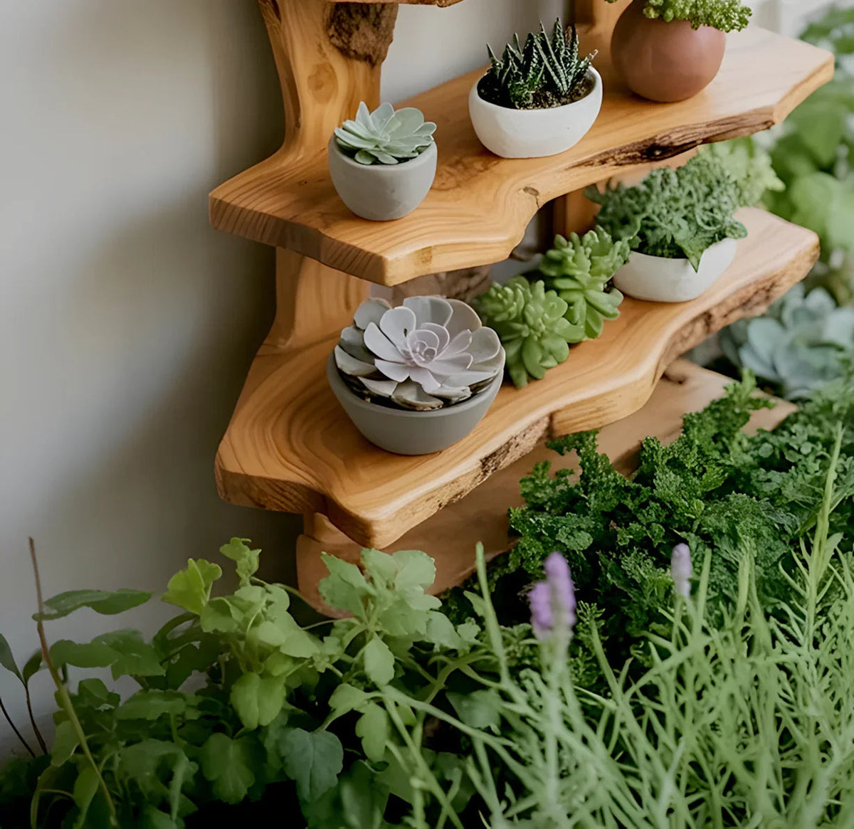 Mehrstöckiges Pflanzenregal aus Holz als Garten- und Terrassendekor