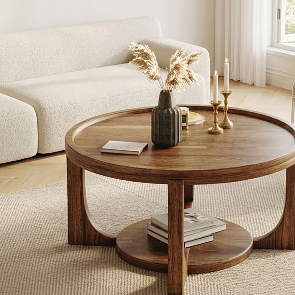 Zweistöckiger Couchtisch aus Massivholz mit runder Tablettplatte und offenem unterem Fach