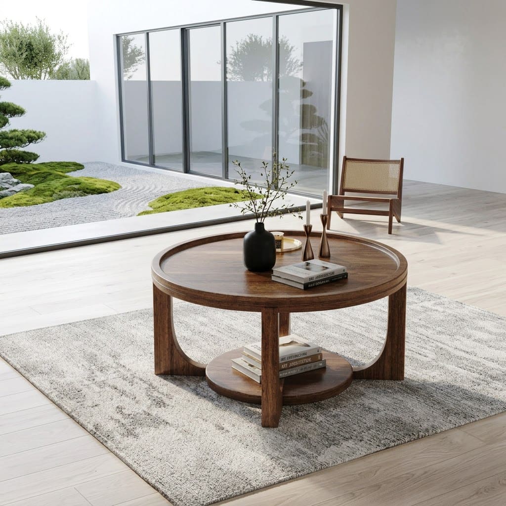 Zweistöckiger Couchtisch aus Massivholz mit runder Tablettplatte für stilvolle zeitgenössische Interieurs