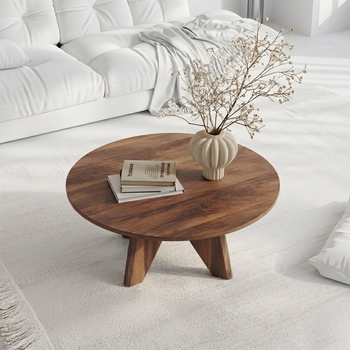 Runder Couchtisch aus Massivholz – Skulpturaler Baumkanten-Mitteltisch
