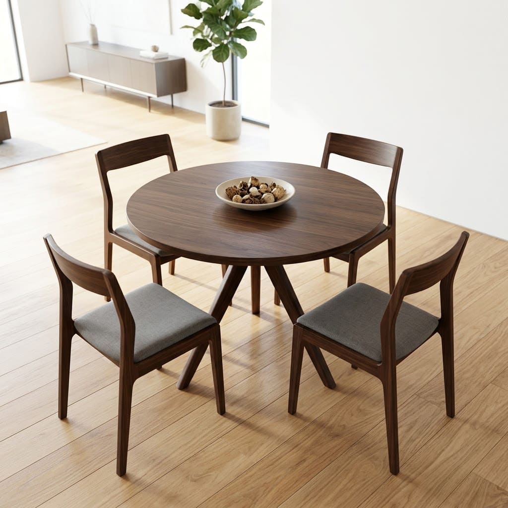 Architektonischer runder Esstisch aus Massivholz in einem eleganten Wohninterieur