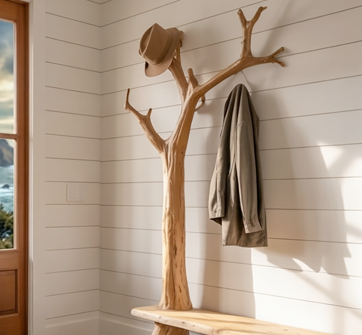 Eingangsbank aus Massivholz mit Garderobe im Baumstil