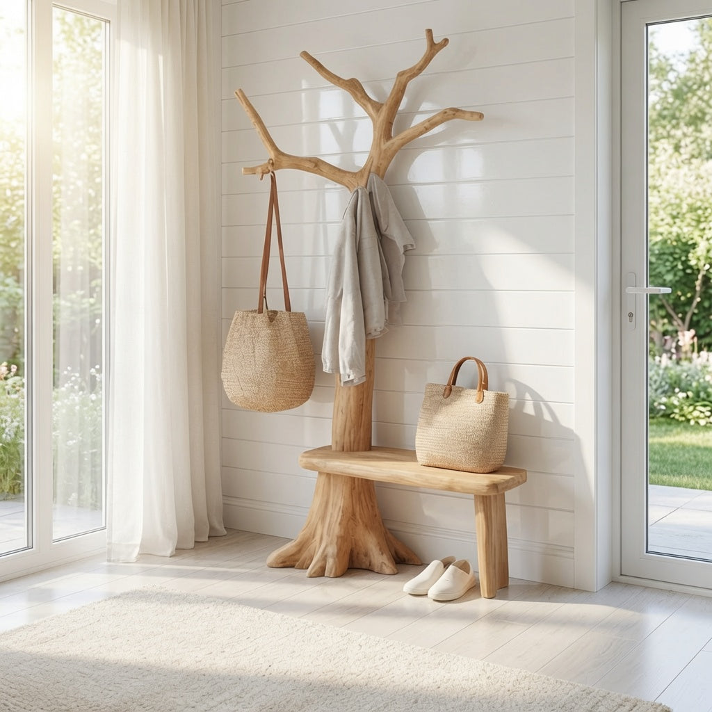 Skulpturale Eingangsbank aus Massivholz mit Garderobe in einem minimalistischen Flur