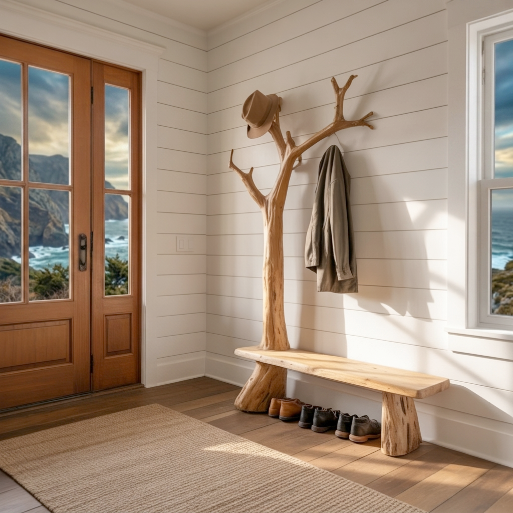 Rustikale Garderobe in Baumform mit Bank aus Massivholz