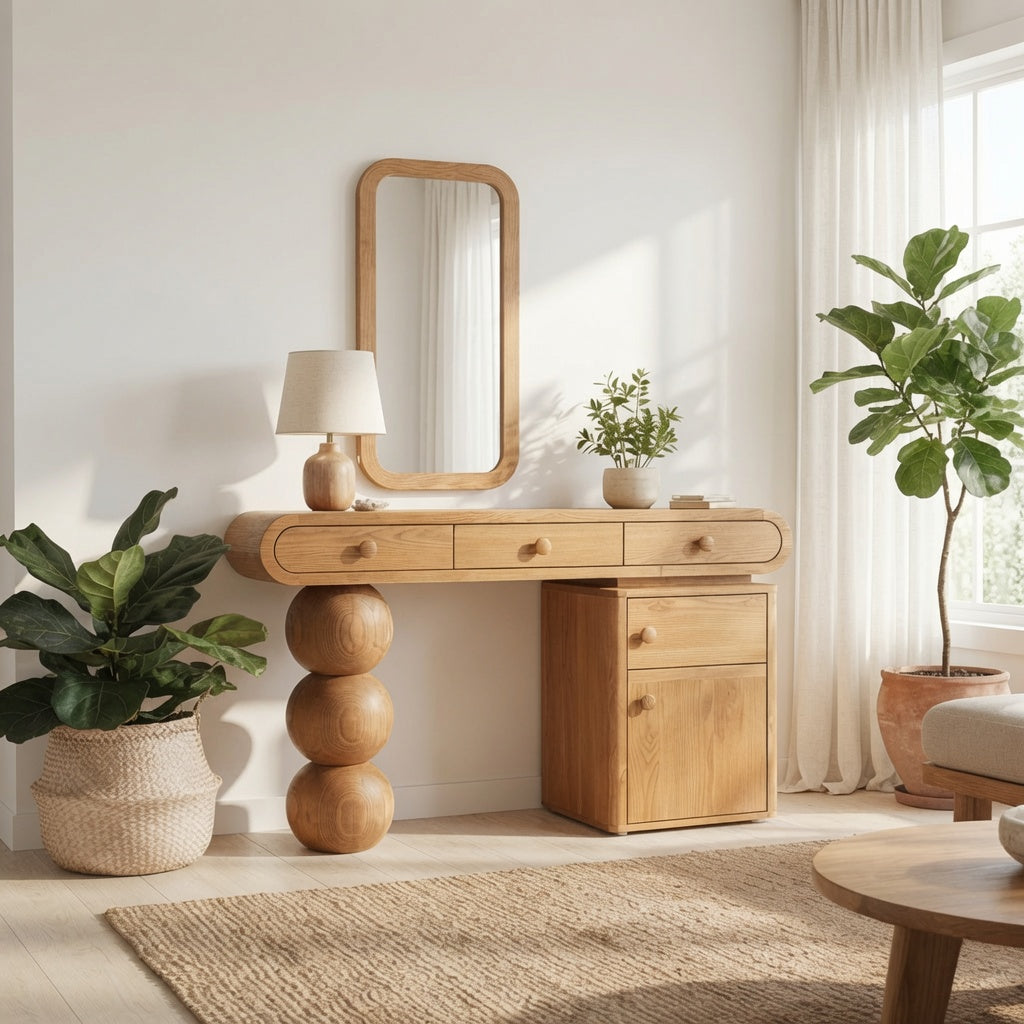 Handgefertigter Holz-Schminktisch, der einen stilvollen persönlichen Schönheitsbereich schafft