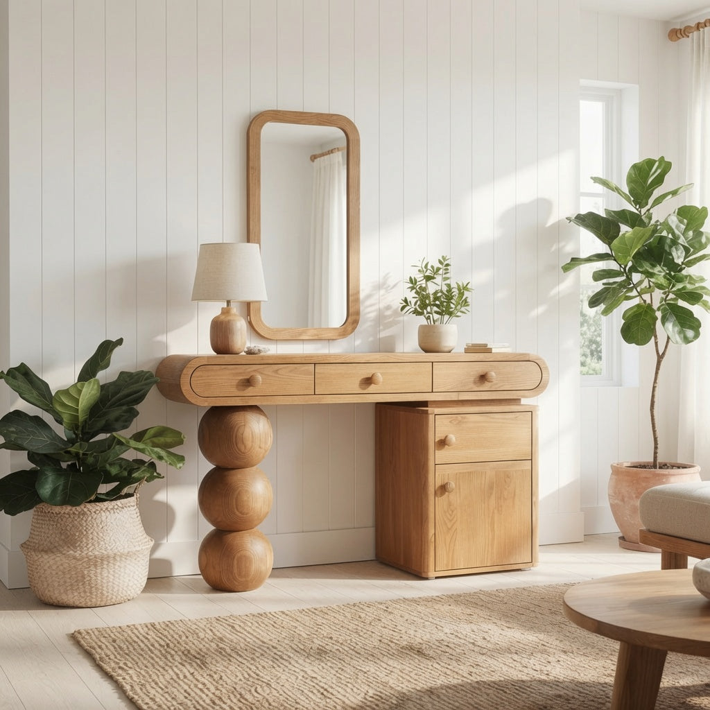 Handwerklicher Holz-Schönheitstisch, der einem zeitgenössischen Schlafzimmer Wärme und Eleganz verleiht