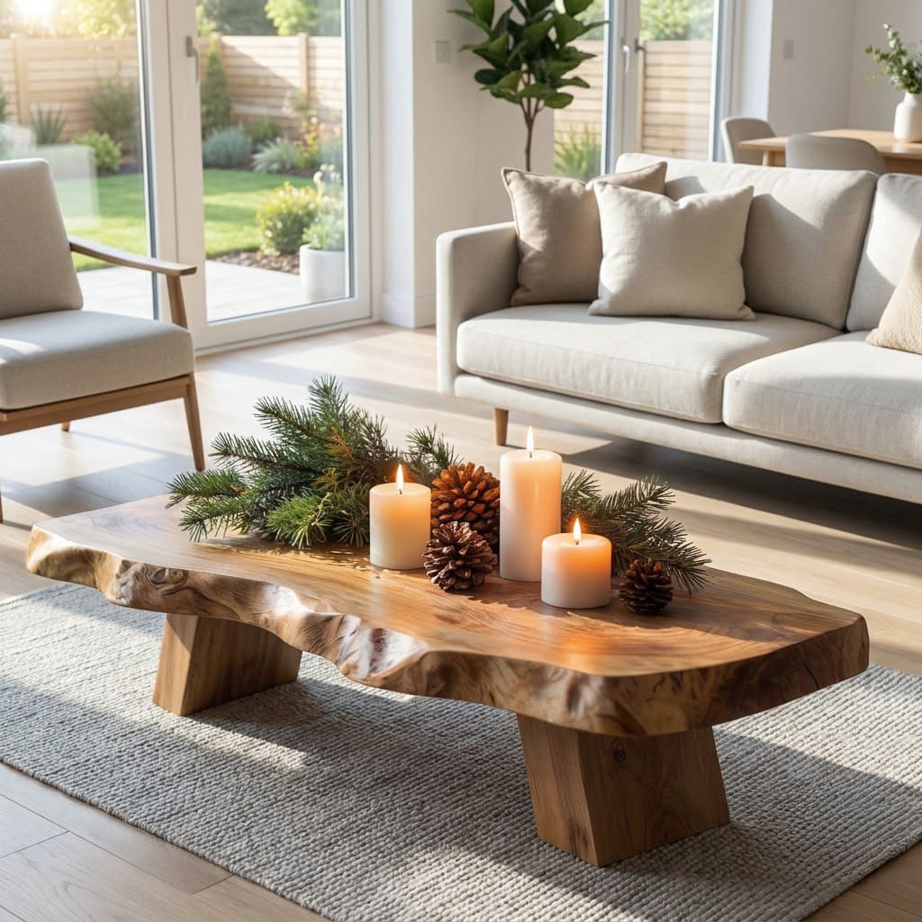 Baumkanten-Couchtisch aus Massivholz, der eine einladende weihnachtliche Wohnzimmeratmosphäre schafft