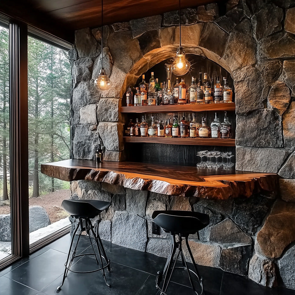 Rustikale schwebende Baumkanten-Whiskybar aus Massivholz