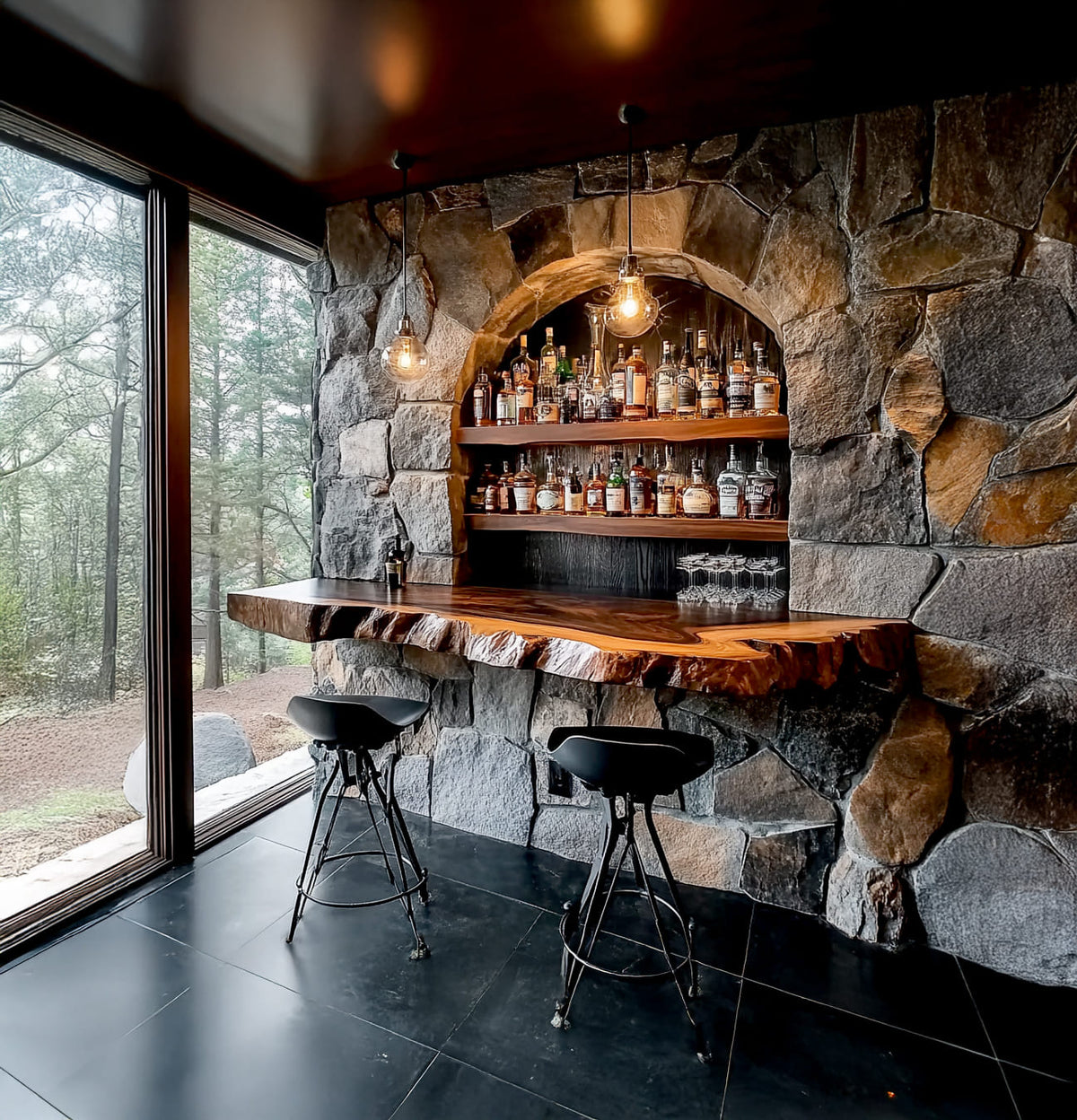 Rustikale schwebende Baumkanten-Whiskybar aus Massivholz in einer modernen Hausbar