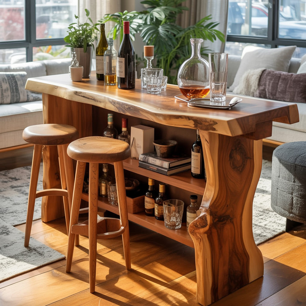 Rustikaler Hausbartisch aus Massivholz mit Baumkanten-Detail und offenen Regalen für stilvolle Interieurs
