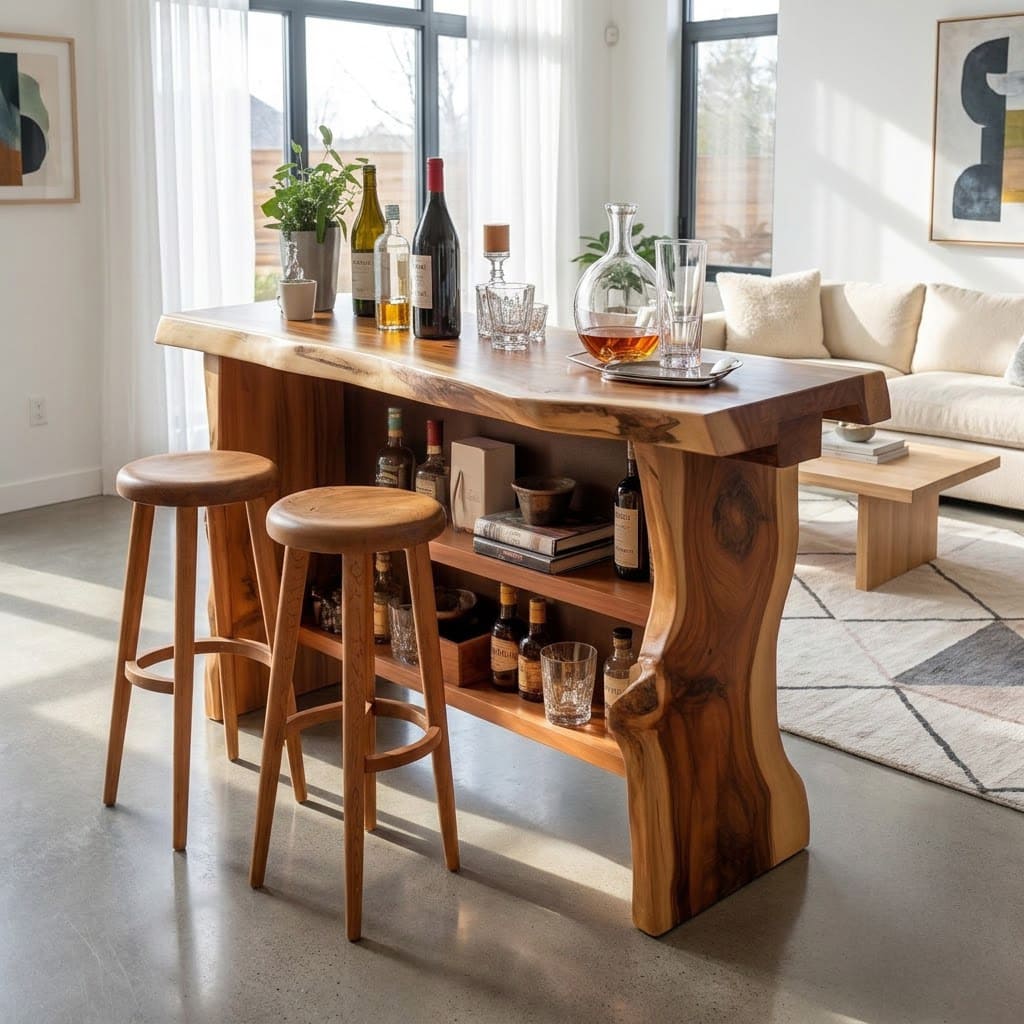 Baumkanten-Bartisch und Kücheninsel aus Massivholz mit Stauregalen für zeitgenössische Wohnungen