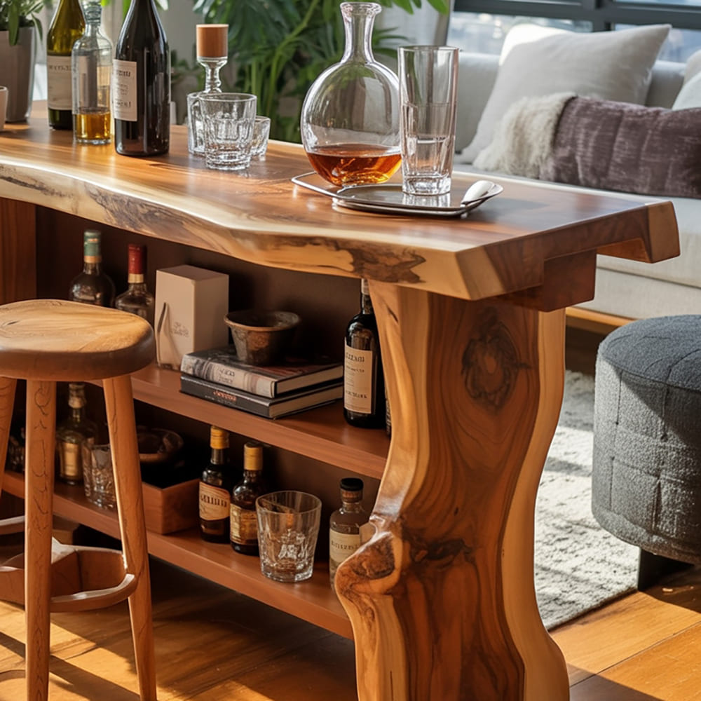 Rustikaler Bartisch und Kücheninsel aus Massivholz mit funktionalen Stauregalen