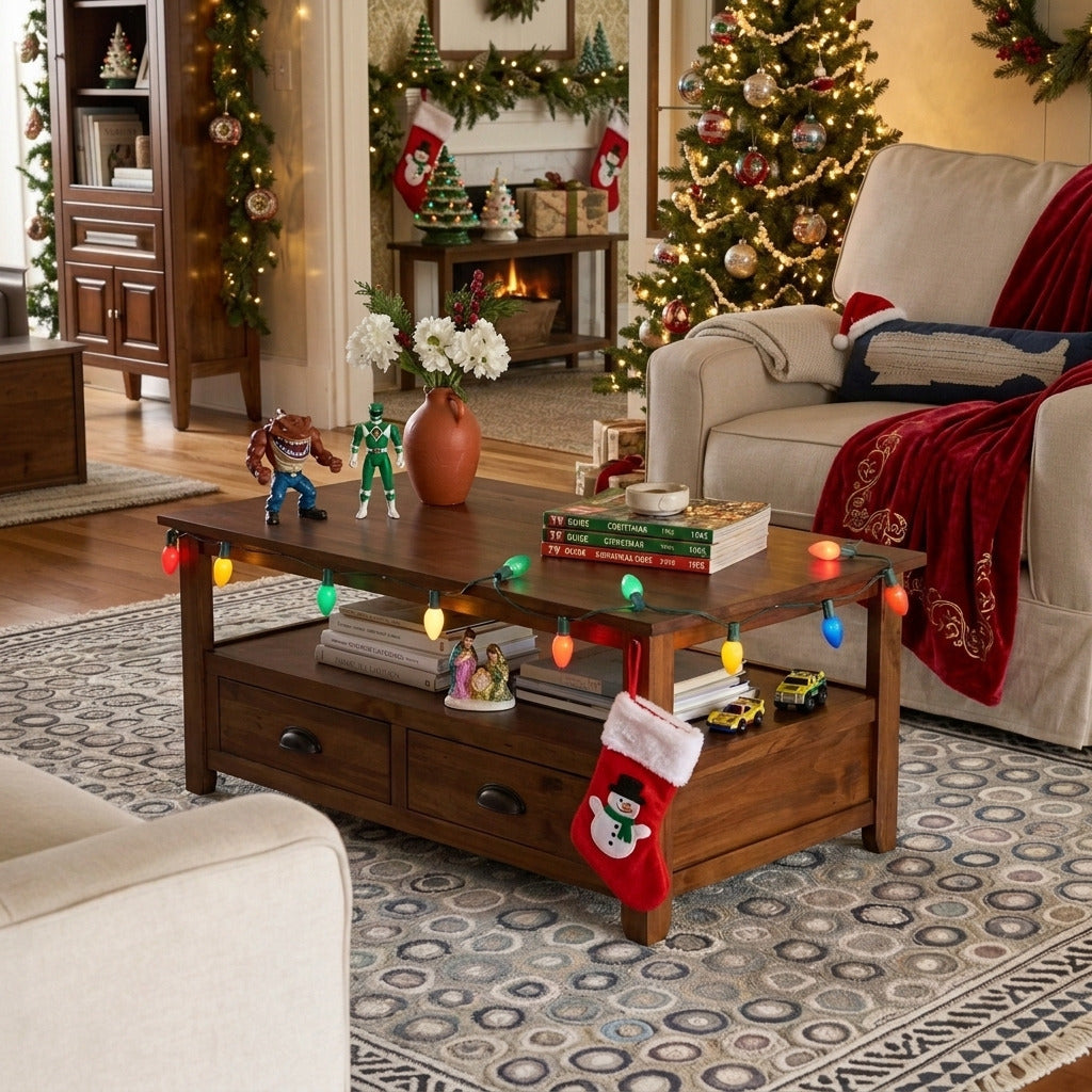 Rustikaler Couchtisch aus Massivholz, gestylt in einem modernen Wohnzimmer