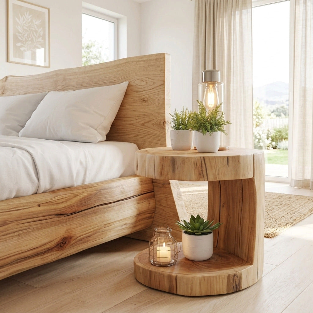 Baumkanten-Holz-Nachttisch in einem minimalistischen Schlafzimmer
