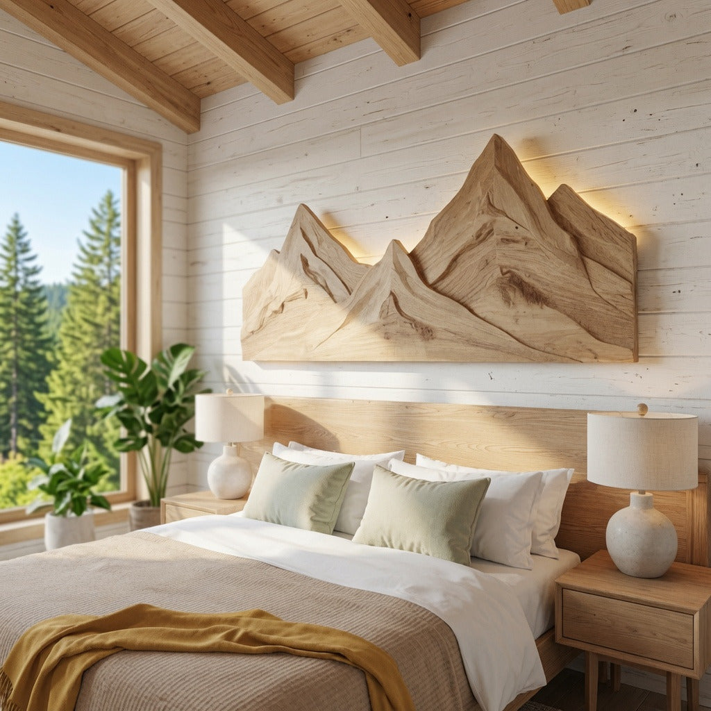 Handgefertigte Berg-Wandskulptur aus Holz über einem Schlafzimmer-Kopfteil