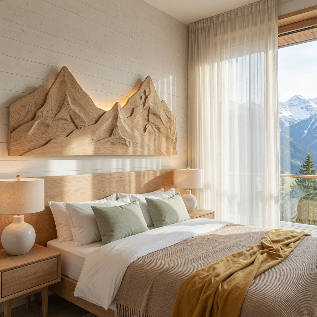 Handwerkliche geschnitzte Berg-Wandkunst, die in einem gemütlichen Schlafzimmer einen Blickpunkt schafft