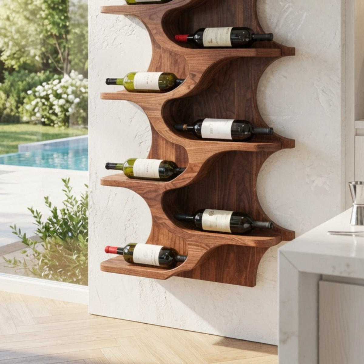 Handgefertigtes Weinregal aus Naturholz für die Hausbar