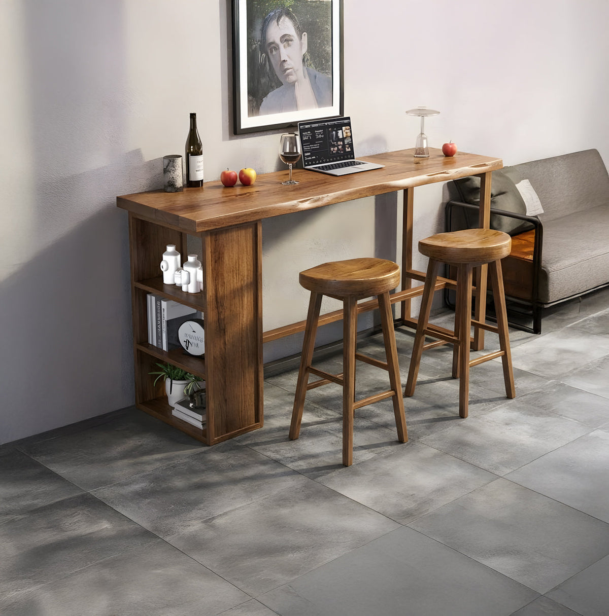 Baumkanten-Bartisch aus Massivholz und handgemachter Wandregal-Tisch mit integrierten Stauebenen