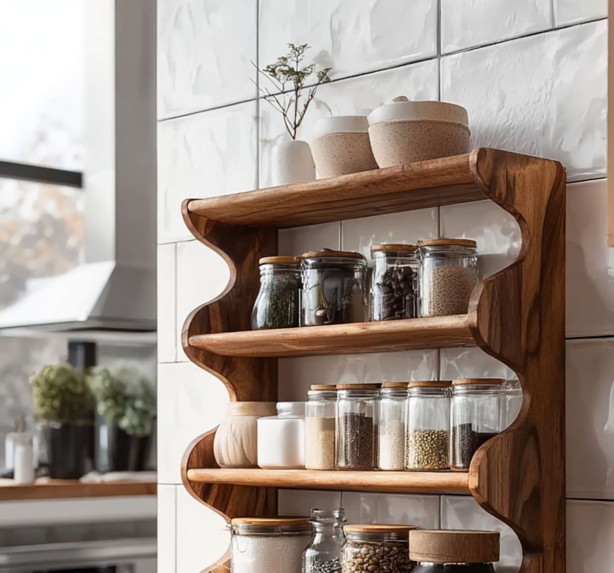 Vorratsregal aus Massivholz mit natürlicher Holzmaserung und handwerklicher Verarbeitung