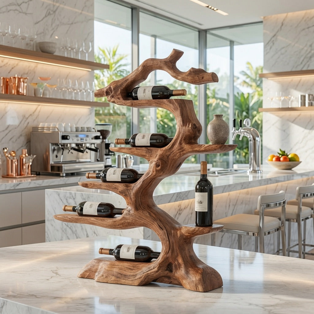 Handgefertigtes Wein-Schauregal aus Holz in einem Landhaus-Esszimmer